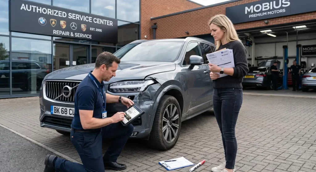 Insurance surveyor inspecting a vehicle for a Zero Depreciation Insurance claim
